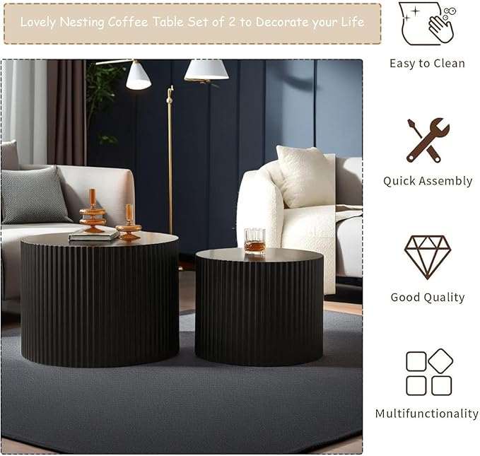 Modern Round Nesting Coffee Table Set of 2, Vertical Stripe Design Drum Coffee Table Cocktail Table, Round Side Table for Living Room, Bedroom, Office, Balcony (D19.7+27.6")