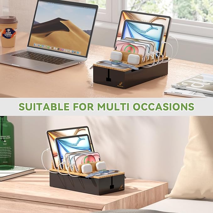 Pezin & Hulin Cord Organizer Box, Surge Protector Organizer, Device Charger Station for Phones & Tablets, Wood Charging Dock -with 6 Wire Cables, BUT NO Power Supply - Natural + Black