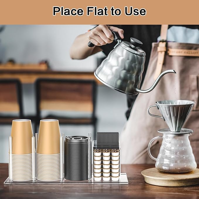 Acrylic Cup and Lid Holder with Straw Organizer, Adjustable Coffee Cup Holder Organizer, 5 Compartment Cup Dispenser for Disposable Paper & Plastic Cups, for Station Home Countertop Bar Breakroom-NeatNest