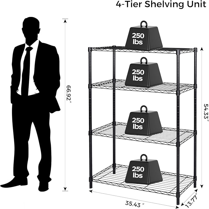 Homeiju 4 Tier Shelving Unit,Heavy-Duty Height Adjustable Storage Rack 1300 LBS Capacity with Adjustable Feet ,Metal Storage Shelves Wire Shelf for Kitchen Garage Laundry ,13.77"D x 35.43"W x 54.33"H