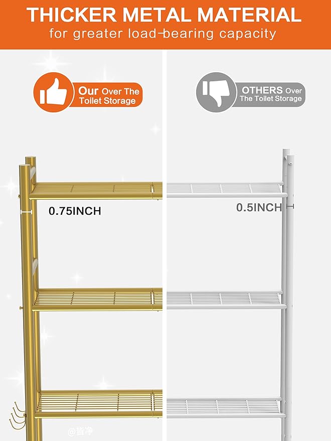 3 Tier Over The Toilet Storage Rack with 2 Basket, Metal Freestanding Bathroom Shelves Toilet with Paper Holder and 4 Hooks, Over Toilet Storage Shelf for Bathroom Storage, Glod-NeatNest