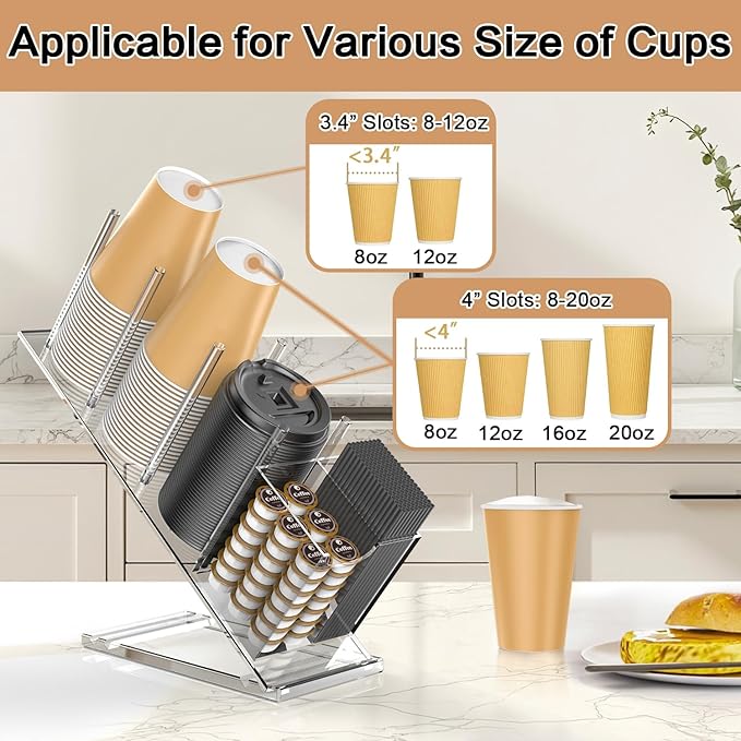 Acrylic Cup and Lid Holder with Straw Organizer, Adjustable Coffee Cup Holder Organizer, 5 Compartment Cup Dispenser for Disposable Paper & Plastic Cups, for Station Home Countertop Bar Breakroom-NeatNest