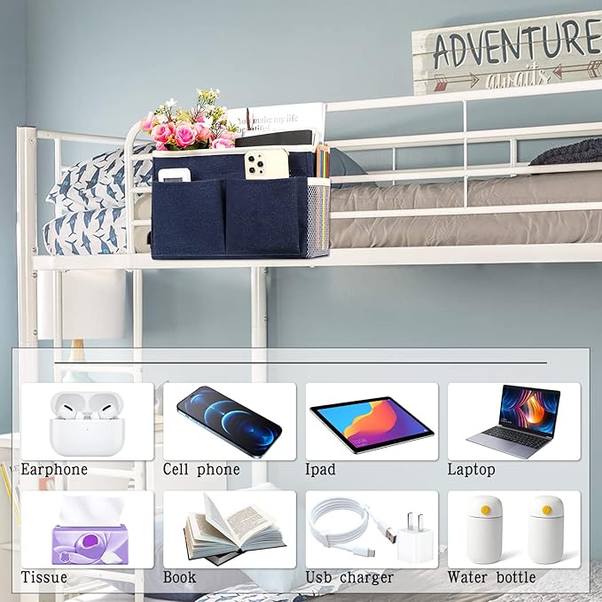 Bedside Caddy Bedside Storage Organizer Hanging Bunk Bed Dorm Room with Side Pockets for Water Bottles, Books, Cell Phones, Headphones (Dark Blue)-NeatNest