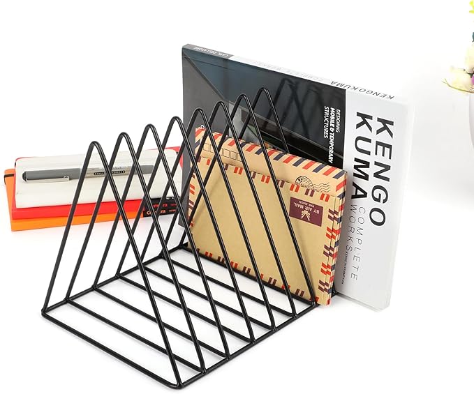 EASEPRES Vinyl Record Holder Storage, 9 Slot Metal Magazine Book Album Display Rack, Stylish Triangle Desktop File Sorter Organizer for Home Office, Black Pack of 3