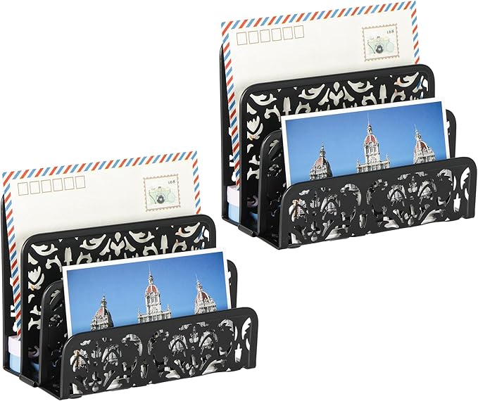 EasyPAG Desk Mail Organizer 2 Pack Office Small Letter Sorter Desktop File Organizer with 3 Vertical Upright Compartments, Black