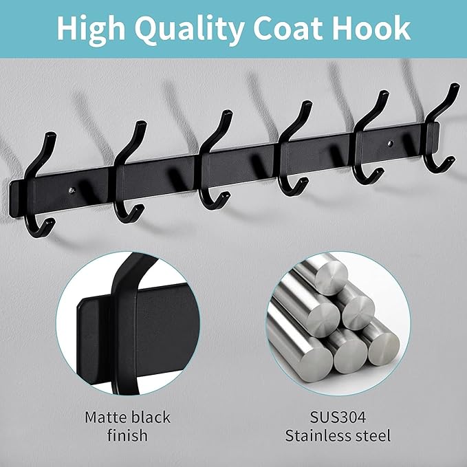 AZW Coat Rack Wall Mount,Heavy Duty Stainless Steel Metal Coat Hooks Hanging for Robes Bags Keys Hat Clothes and Bathroom Door Towels Hanger(Matte Black 6 Hooks)-NeatNest