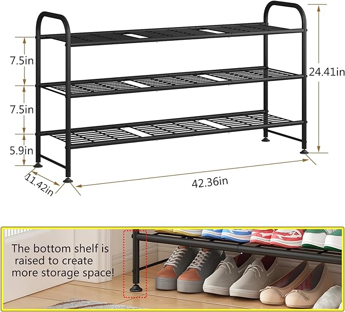 LINZINAR Shoe Rack 3 Tier Long Metal Shoe Organizer for Closet Entryway Black-NeatNest