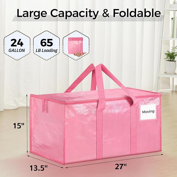 8 Pack Extra Large Heavy Duty Moving Bags, Pink Storage Bins with Lids, Reinforced Handles & Heavy-Duty Zippers Moving Boxes Storage Bags Totes for Clothes Packing, Dorms, College Supplies, Pink