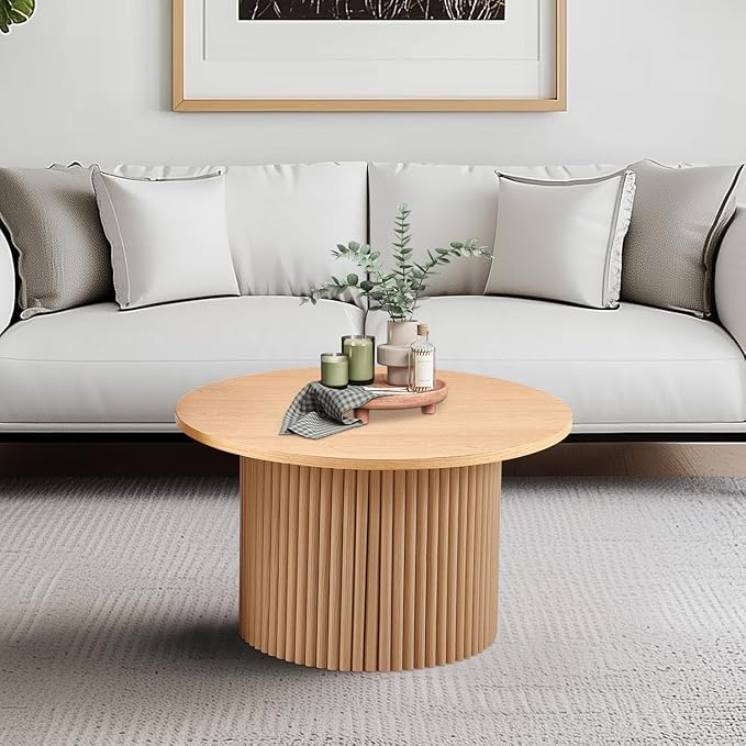 NORDICANA Single Accent Round Coffee Table, 27.5 Inch Oak Color Farmhouse Center Table for Living Room, Manufactured Wood Top with Oak Veneer