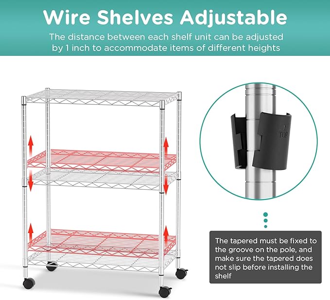 FDW 3-Shelf Adjustable,Storage Shelves Wire Shelving Shelving Unit Metal Shelves Storage Shelf with Wheels,13" D x 23" W x 31" H,Chrome