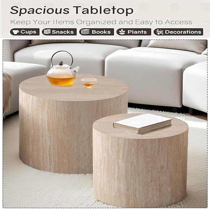 Modern Round Nesting Coffee Table Set of 2, Vertical Stripe Design Drum Coffee Table Cocktail Table, Round Side Table for Living Room, Bedroom, Office, Balcony (B14.6+18.1")