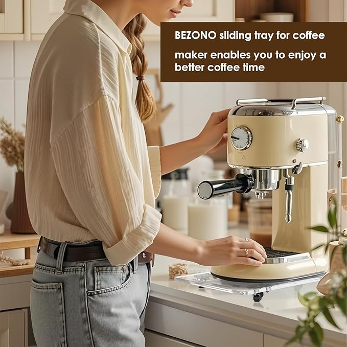 360° Sliding Tray for Coffee Maker & Kitchen Appliances - Silent Rubber Wheels, Clear Acrylic Organizer Tray for Under Cabinet - Space Saving Countertop Accessory, 7.6x14 Inch (Clear)