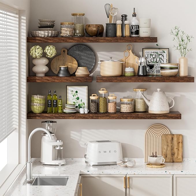 Heimlove 12" Deep Floating Shelves for Wall, 24 Inch Wall Shelf Bathroom Shelves Set of 2, Wall Mounted Shelves for Books Living Room Laundry Room Bedroom Kitchen Home Office, Rustic Brown-NeatNest