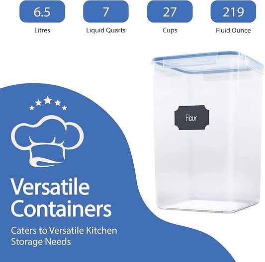 Chef's Path Extra Large Airtight Food Storage Containers with Blue Lid Color, Pack of 6, Kitchen and Pantry Canisters for Flour, Sugar, and Baking Supplies, Includes Measuring Spoons, Labels, and Pen-NeatNest