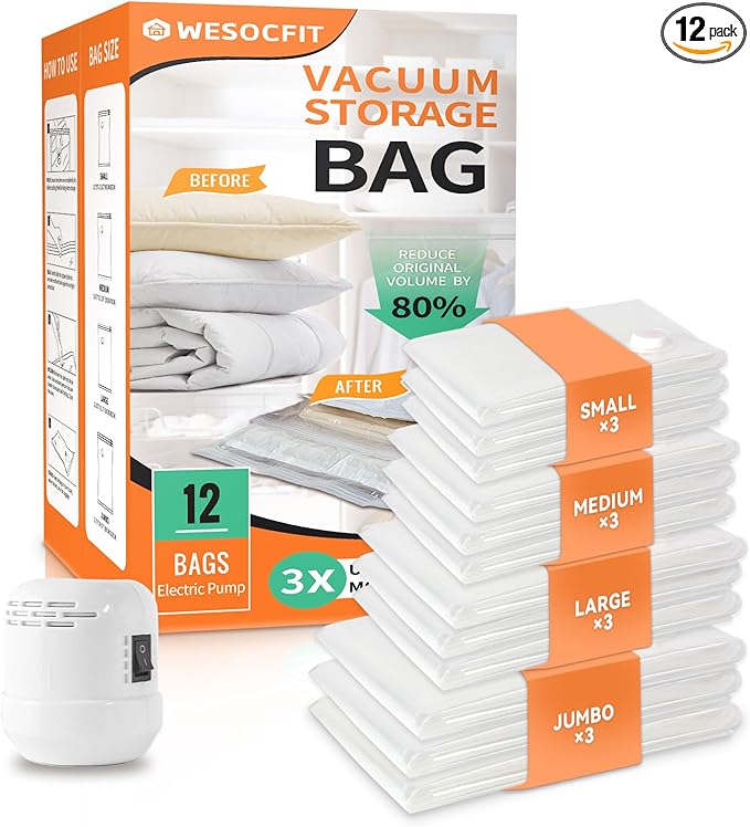 12 Pack Vacuum Storage Bags with Electric Pump, (3 Small, 3 Medium, 3 Large, 3 Jumbo) Vacuum Seal Bags for Clothing, Space Saver Bags for Travel, Luggage Compression Packing