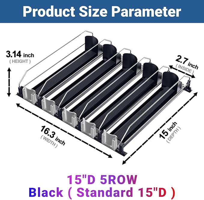 Drink Organizer for Fridge,12oz 16oz 20oz - Soda Can Dispenser for Refrigerator,Width Adjustable,Automatic Pusher Glide (Black, 15"D 5ROW, Holds 25 Cans)