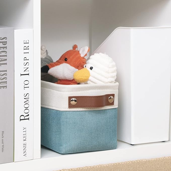 DULLEMELO Fabric Bathroom Storage Bin with Leather Handles, Narrow Organizer for Towels, Toilet Paper Rolls, Storage Basket for Back of Toilet, Vanities, Shelves & Cabinets (White&Teal)-NeatNest
