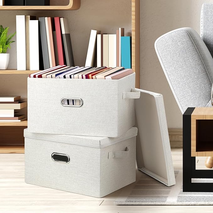 Bellzacasa Collapsible Storage Bins with Lids, 3 Pack Linen Fabric Foldable Storage Bin Cube with Handles, Toy Storage Baskets Box Closet Organizers and Storage Containers, Beige, 14.6x10.5x8.5
