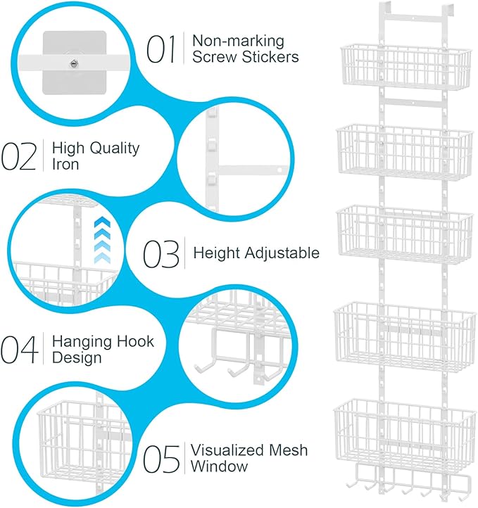 Adjustable Over The Door Organizer, Metal Hanging Door Organizer with 5 Wire Basket 7 Hooks, Wall Mounted Shelf for Pantry Closet Organization and Storage, White