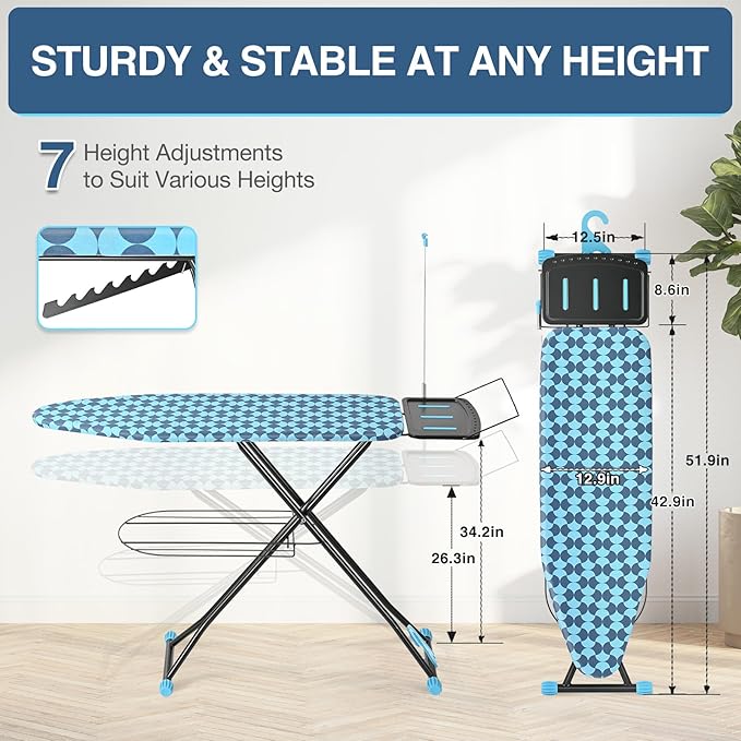 APEXCHASER Ironing Board, Foldable Iron Board with Iron Rest, Metal Panel Ironing Board, Adjustable Height Heavy Duty Irons Board with Germent Rack, Heat & Scorch Resistant Cover, 13x43 Blue