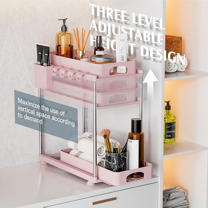 Under Sink Organizer, 2 Pack Kitchen and Bathroom Cabinet Organizer, 2 Tier Adjustable Height Storage, Pink-NeatNest