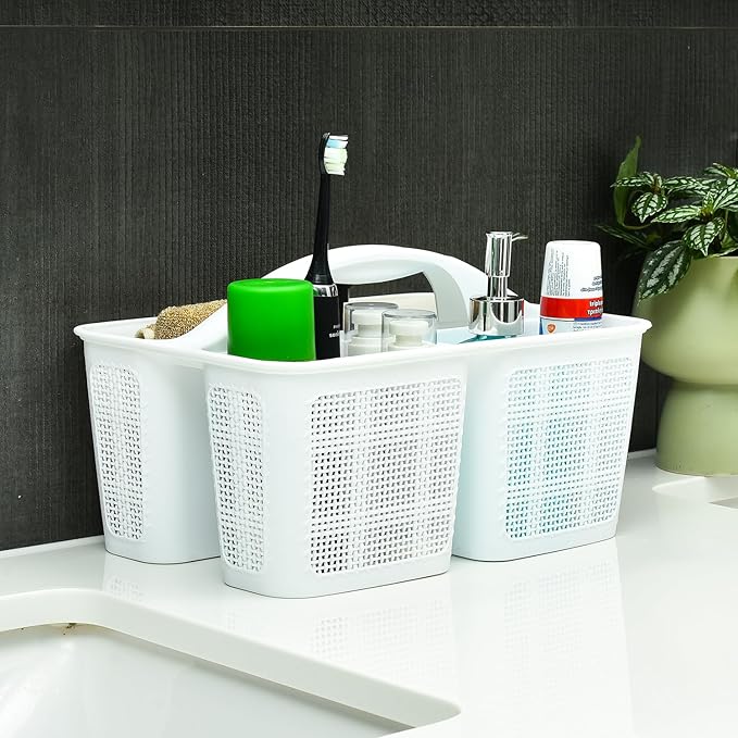 Plastic White Shower Caddy Basket, Divided Cleaning Portable Shower Basket with Handle Compartments Storage Organizer for Bathroom, College, Kitchen, Dorm Room Essentials
