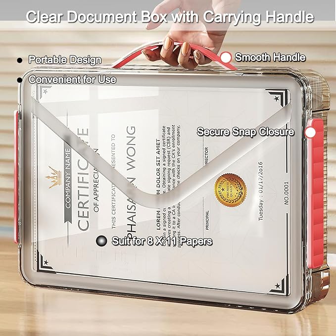 Lemical Clear File Box with Lids Portable Project Case for Storage A4 File Folder Box Stackable Storage Containers for Organizing 8.5 X 11 Paper, Magazines, Stamps, Photos, Cards (Red)