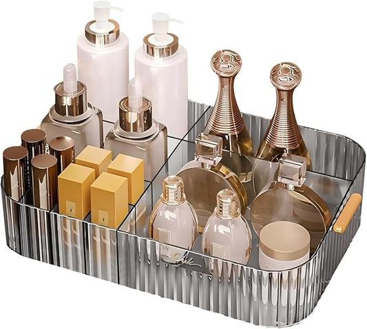 DASITON Large Capacity Makeup Organizer,12 Slots Makeup Brush Holder,Makeup Storage with Handle,Vintage Striped Cosmetic Organizer for Bathroom Countertops,Desk Storage Container(Grey)-NeatNest