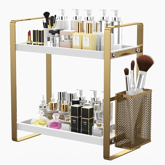 Bathroom Counter Organizer, Wood Vanity Trays with Basket, Skincare Countertop Organizers, Large Capacity Makeup and Perfume Organizer-NeatNest
