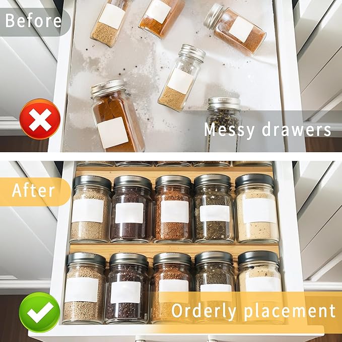 Bamboo Spice Rack For Drawer,4Pcs Tier Stackable Seasoning Storage Organizer Insert,for Kitchen Condiments Storage Insert(Jars Not Included,Combined Size:18.9" D x 9.5" W x 1.8" H)-NeatNest