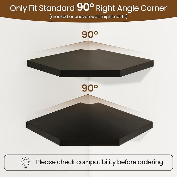Fun Memories Corner Shelf Wall Mount, Solid Oak Wood Floating Corner Shelves with Cable Hole, 8.5in Rustic Design for Bedroom, Bathroom, Kitchen, Living Room (Black, 1 Pack)-NeatNest