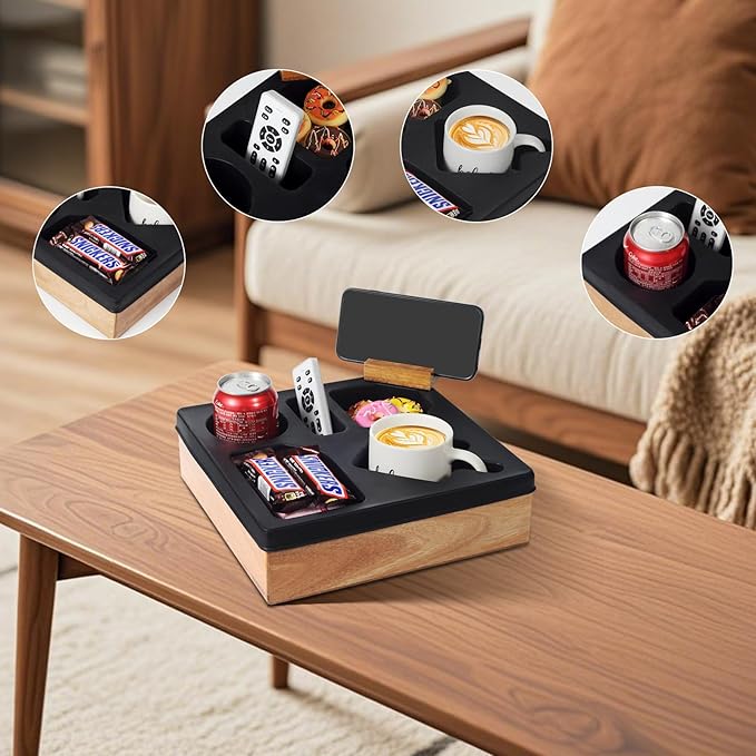 Couch Cup Holder Tray – Spill-Proof Wooden Sofa Organizer with Silicone Insert for Snacks, Drinks, Remote & Phone, Waterproof Caddy for Bed, Car, RV & Living Room (Black)-NeatNest