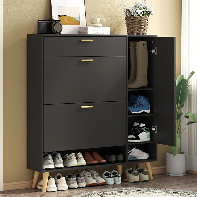 Shoe Storage Cabinets, 16 Pairs Free Standing Shoe Organizer with 2 Flip Drawers for Entryway, Narrow 3 Tier Entryway Hidden Shoe Rack with Doors (Upgraded Black)-NeatNest