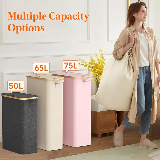 Lifewit 65L Slim Laundry Hamper with Lid, Narrow Laundry Basket with Removable Bag & Bamboo Handles, Fodable Thin Dirty Clothes Hamper for Laundry Collapsible Bin for Bathroom Bedroom Dorm, Pink-NeatNest