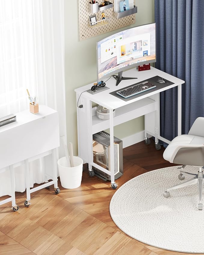 31.5" Modern White Folding Computer Desk with Power Outlets, Wheels, Storage, Perfect for Small Spaces White TDN01UWB-NeatNest