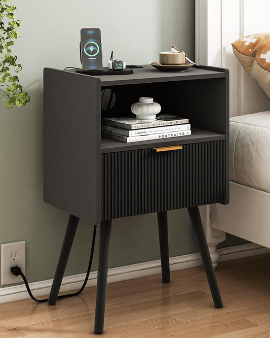 Black Nightstand with Outlet,Modern Bedside Table with Storage Drawer and Open Wood Shelf, for Living Room, Bedroom and Small Spaces, Accent Night Stand with Solid Wood Legs, Easy Assembly-NeatNest