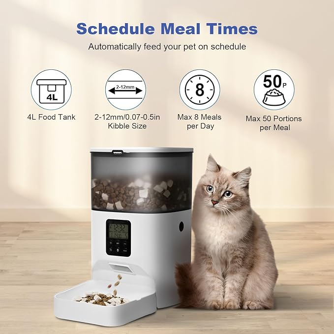 Automatic Cat Feeder, 4L Cat Food Dispenser with 10s Voice Recorder, Pet Feeder up to 8 Meals per Day, Timed Dog Feeder with Dry Food Sealed Ring (White, 4L-Basic)-NeatNest