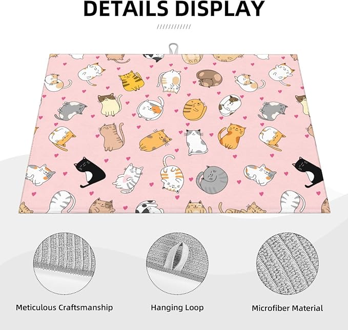 Cute Cat Dish Drying Mat for Kitchen Counter Cute Pink Kitchen Mat Microfiber Kitchen Countertop Absorbent Reversible Drainer Rack Pad Dish Drying Mat 18 x 24 Inch-NeatNest