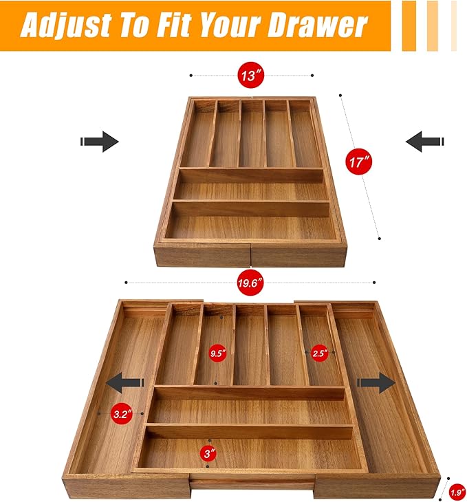 Bellsal Large Premium Acacia Wood Silverware Organizer - Expandable Utensil Drawer Organizer - 17"x19.6" Utensil Holder and Cutlery Tray with Grooved for Kitchen Flatware Utensils(7-9 Slot, Acacia)-NeatNest