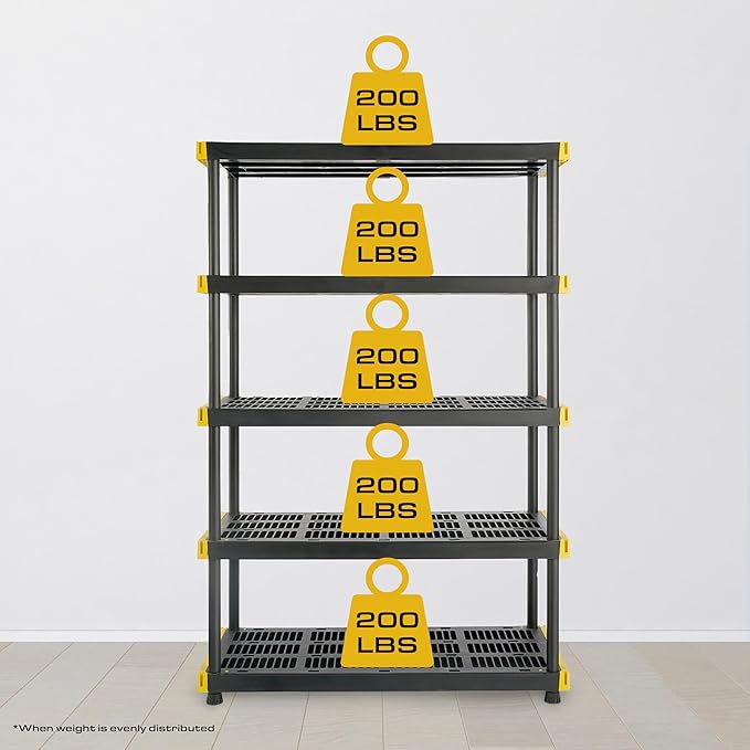 CX Black & Yellow®, 5-Tier Heavy Duty Plastic Storage Shelving Unit, 200lbs/shelf (72”H x 48”W x 20”D), for Indoor/Outdoor Organization, Modular Rack-NeatNest