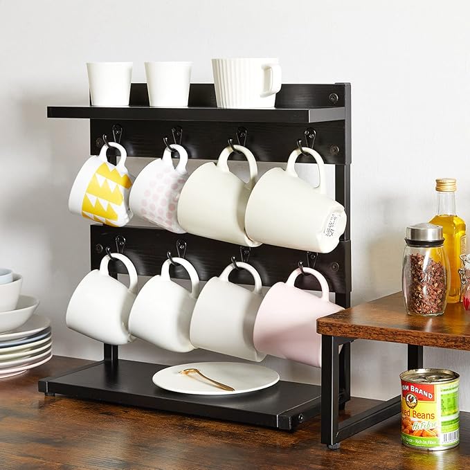 IBUYKE Rustic Coffee Mug Holder Stand, 2 Tier Countertop Mug Tree Holder Rack with Storage Base, Vintage Mug Holders for Kitchen, Holds 8 Mugs, Black UTBJ002B-NeatNest
