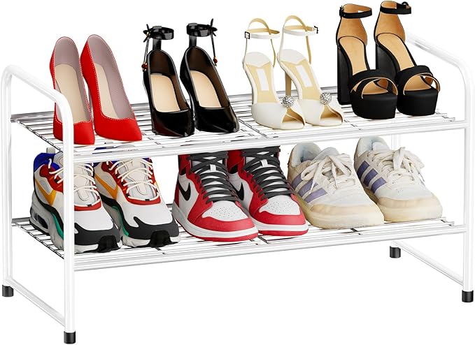 2-Tier 27” Wide Shoe Rack for Closet, Metal Stackable Shoe Shelf Organizer, White-NeatNest