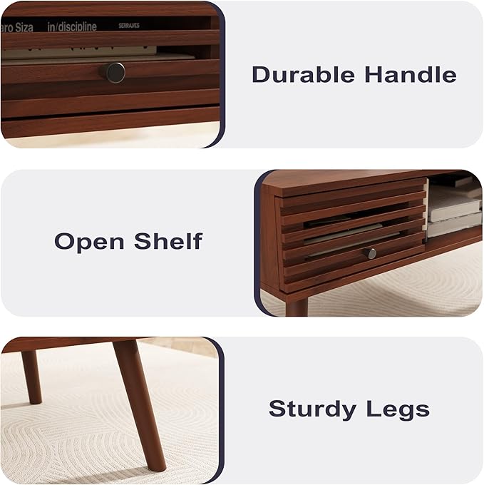 Coffee Table, Mid Century Modern Table with Storage, Living Room Center Table with Slatted Panel Drawer, Fluted Wood Coffee Table with Open Shelf for Living Room, Walnut-NeatNest