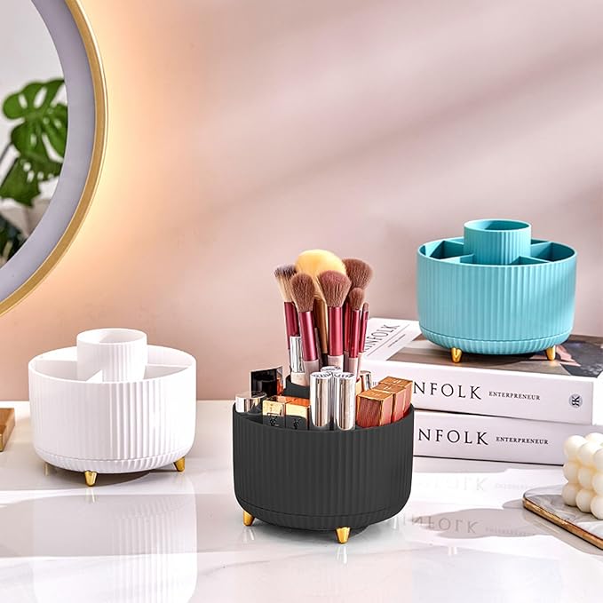 DASITON Large Capacity Makeup Brush Holder,360° Rotating Makeup Organizer,5 Slot Makeup Brushes Cup,for Vanity Decor,Bathroom Countertops,Desk Storage Container,Cosmetic Display cases(Black)-NeatNest