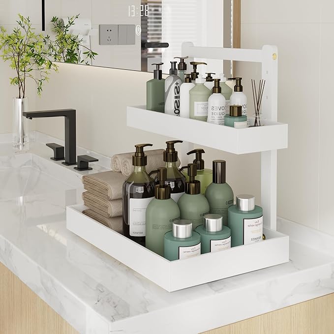 Bamboo Under Sink Organizer and Storage, 2 Tier Pull Out Cabinet Organizer, Slide Out Under Sink Storage Shelf, Undersink Organizers Shelves for Kitchen Bathroom Organization(White, 2 Packs)-NeatNest