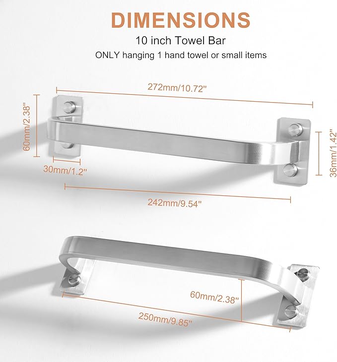 Bathroom Towel Bar, 10 inch Towel Racks for Bathroom Wall Mounted, SUS304 Stainless Steel Heavy Duty Towel Holder Bathroom Accessories Modern Home Decor, Brushed Finished
