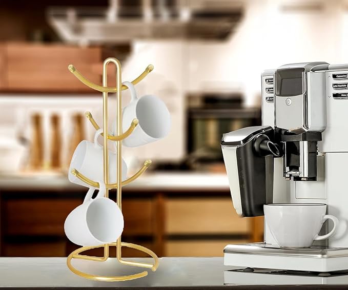FitWell Mugs Holder, Mug Tree, Coffee Mug Holder, Coffee Mug Tree, Mug Organizer for Cabinet, Mug Holder Stand, Coffee & Tea Cup Storage Rack (Gold, 6 Mugs (15"H))-NeatNest