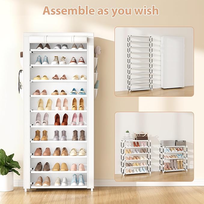 VTRIN Vertical Narrow Shoe Rack Organizer Tall Shoe Rack for Closet Entryway 10 Tier Non-Woven Cover Shoe Shelf Holds 36-41 Pairs Free Standing Shoe Storage Cabinet with Dustproof Cover, White-NeatNest