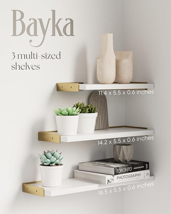 BAYKA Wall Shelves for Bedroom Decor, Floating Wall Shelves for Living Room Kitchen Storage, Wall Mounted Rustic Wood Shelves for Kids Books, Corner Shelf for Bathroom(White and Gold,Set of 4)-NeatNest