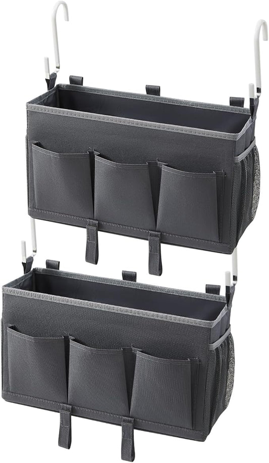 Bedside Organizer Caddy, Bed Organizer with 3 Pockets and Mesh Side Pocket, Great for College Dorms and Hospital Beds, Gray, 2 Pack-NeatNest